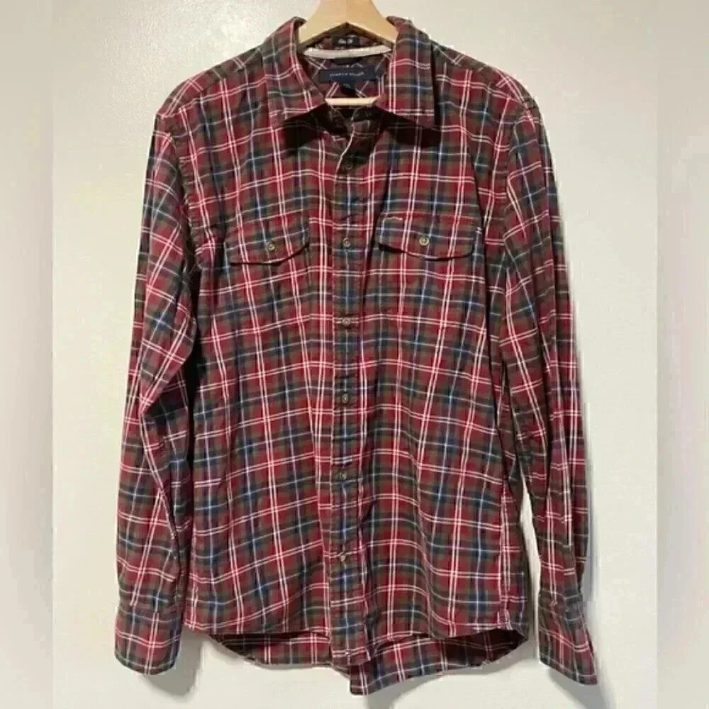Tommy Hilfiger Men's Slim Fit Red Multicolour Plaid Shirt - Large